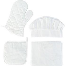 Fabric kitchen set, consisting of a chef hat, a padded oven glove, a padded pot holder and apron (approx. 65 x 81 cm) 