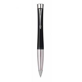 Parker Urban stainless steel ballpen with a twist action and blue ink, supplied in a gift box.