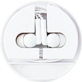 Pair of earphones in a plastic case which can also be used as a tablet or mobile phone holder.