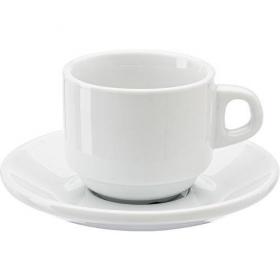 Stackable porcelain cup and saucer.
