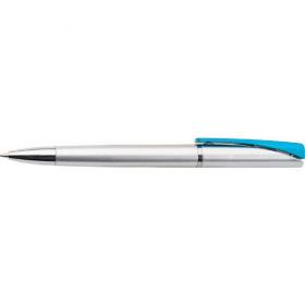 Plastic ballpen with coloured clip.