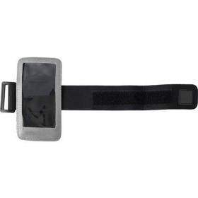 Phone armband with reflective trim.