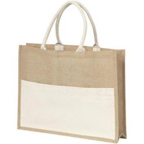 Jute bag with a cotton front pocket.