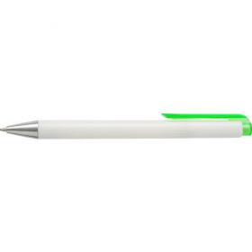 Plastic ballpen with white barrel and translucent coloured clip. blue ink. 