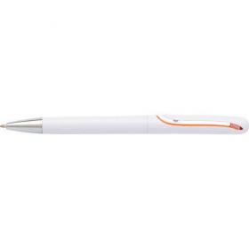 White, plastic, twist action ballpen with integrated clip and a coloured inside, blue ink. 