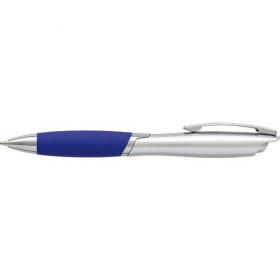 Metal ballpen with metal clip and rubber grip, blue ink. 
