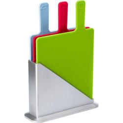 Cheap Stationery Supply of Three piece plastic cutting board set in a silver coloured holder; each cutting board is matched to a specific food group: blue is for fish and seafood, red is for poultry and meat, and green is for fruit and vegetables.   Office Statationery