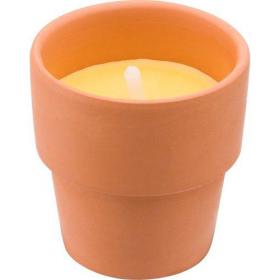 Citronella candle in round clay pot. 