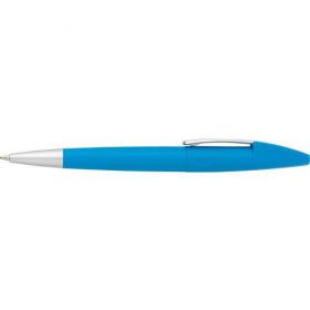 Plastic twist action ballpen with a curved clip, blue ink.