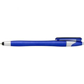 Plastic ballpen with rubber tip and blue ink.