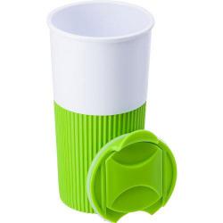 Cheap Stationery Supply of Plastic drinking mug (500 ml) with colourful rubber holder and matching lid with movable hatch for drinking.  Office Statationery