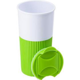 Plastic drinking mug (500 ml) with colourful rubber holder and matching lid with movable hatch for drinking. 