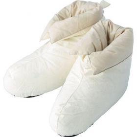 Cotton house shoes with duck feather and down lining and non slip soles, packed in a plastic and non-woven zipper bag with matching carry strap. 