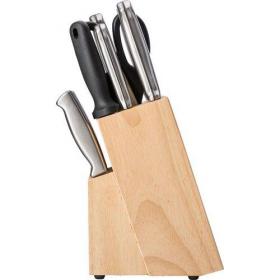 Stainless steel and PP fourteen piece kitchen set in a rubber wood block, consists of a pair of scissors, a sharpening tool and eleven different knives. 