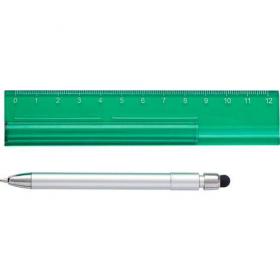 Plastic translucent 12cm ruler with pen, blue ink. 