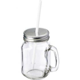 Glass drinking jar with aluminium lid and plastic straw.