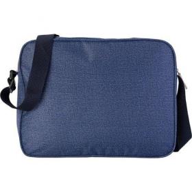 Polyester (300D) laptop bag in denim look with one large zipped front pocket, one large soft padded main compartment and adjustable carry strap.