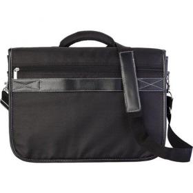 Polyester (1680D) laptop bag with a PU lid to be closed by a lock, a large padded compartment, different pockets, and a band on the back so the bag can be placed on the handle of a trolley.