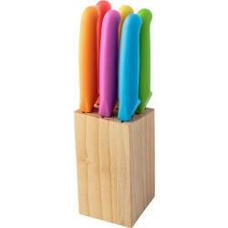 Cheap Stationery Supply of Stainless steel seven piece steak knife set, includes six knives with coloured PP handles in a rubber wood block.  Office Statationery