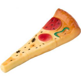 Plastic ballpen in the shape of a pizza slice with, blue ink.  