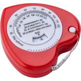 Plastic, 1.5m, heart shaped BMI tape measure, includes a weight (KG) and height (Mts.) indicator on the front. To be used for promotional purposes. 