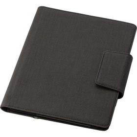 Svepa PU (approx. A5) document folder with integrated 5000mAh power bank, a rubber casing suitable to hold a tablet, a lined note pad and a cable with a 2-in-1 connector suitable for a micro USB and other phones.