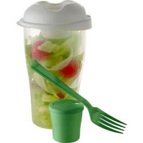 Salad container with cup and fork.