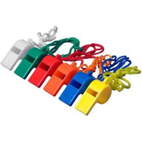 Plastic whistle with neck cord. (sold 48pc per box)